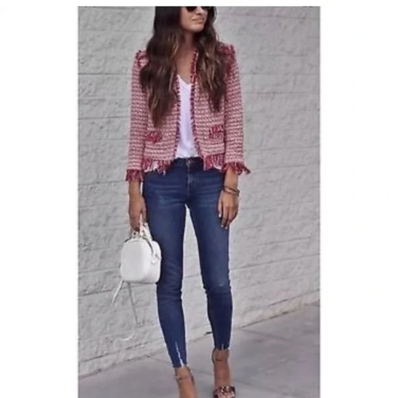 ZARA Boho blazer jacket frayed fringe tweed influencer fave red white sz medium - Picture 8 of 8